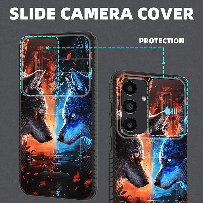 for Galaxy S26 Case Built in Slide Camera Lens Cover,Heavy Duty Shockproof Protection Dual Layer Case for Samsung Galaxy S26 6.3" 2026,Cool Wolf