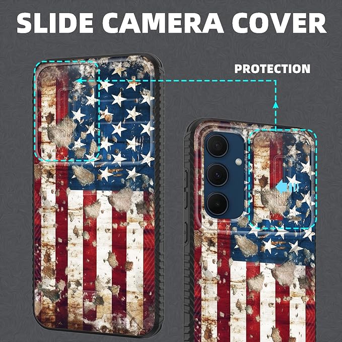 for Galaxy A35 5G Case Built in Slide Camera Lens Cover,Heavy Duty Shockproof Protection Dual Layer Case for Samsung Galaxy A35 5G 6.6 inch 2024,Rustic American Flag