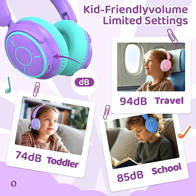 MIDOLA Kids Headphones Bluetooth 5.4 Wireless Volume Limited 85/94dB Hearing Protection Over Ear,68 Hours Playtime Foldable with Cable Aux Wired Built-in Mic for Toddler Child Travel School Purple