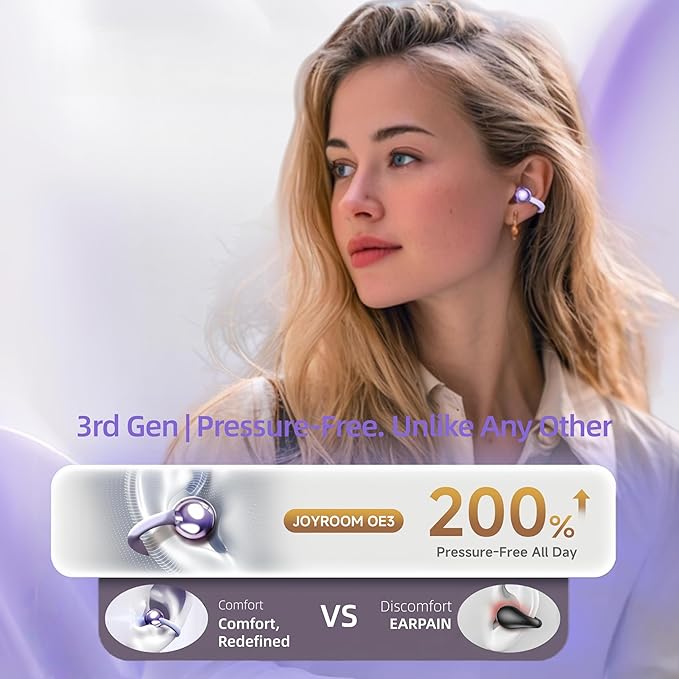 Elegant Touchscreen Clip-On Earbuds, Wireless Open Ear Headphones with 1.3" Color Display, Bluetooth 6.0, 50H Playtime, Ultra-Light 4.1g, IPX5 Waterproof, Perfect for Yoga/Running/Workouts,purple