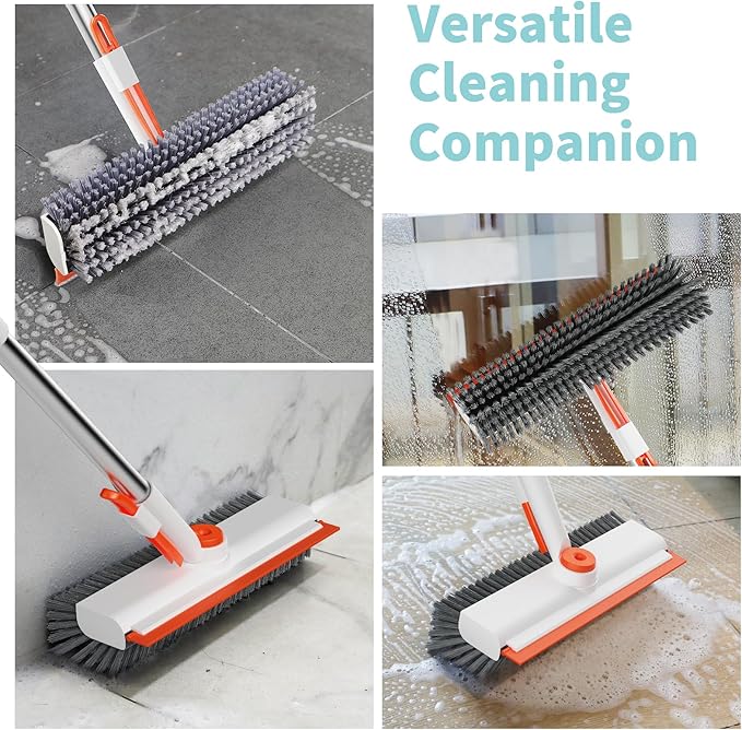 AIR U+ Floor Scrub Brush with Long Handle, 3 in 1 Scrape and Heavy-Duty Stiff Bristle Scrubber Brush for Cleaning Shower Bathroom, Patio, Garage, Kitchen, Wall and Deck, White and Orange