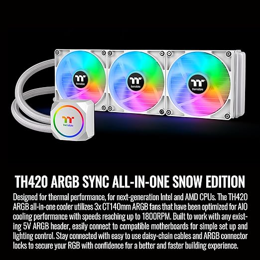 Thermaltake TH420 ARGB Sync All-in-One Liquid Cooler Snow Edition, AMD(AM5/AM4) Intel(LGA 1700/1200), 420mm High Efficiency Radiator, CL-W369-PL14SW-A,White