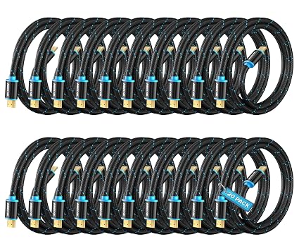 Maximm HDMI Cable 4K 10 Ft, 20 Pack, Braided, 18Gbps, HDMI 2.0, Gold-Plated