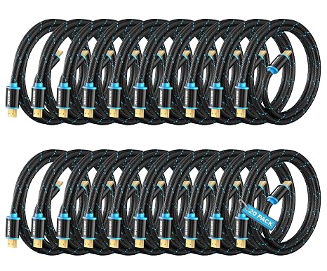 Maximm HDMI Cable 4K 10 Ft, 20 Pack, Braided, 18Gbps, HDMI 2.0, Gold-Plated