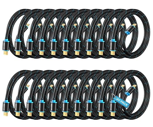 Maximm HDMI Cable 4K 10 Ft, 20 Pack, Braided, 18Gbps, HDMI 2.0, Gold-Plated