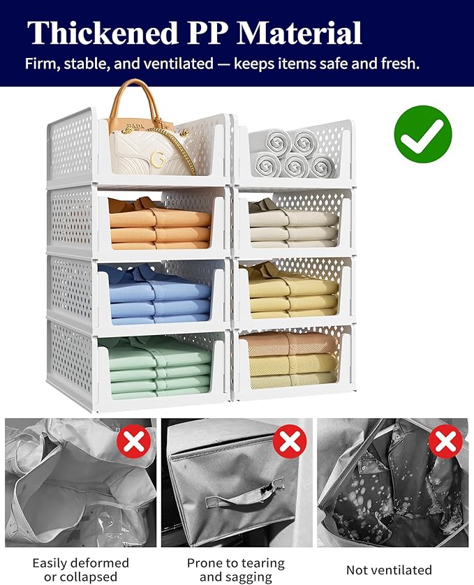 Kitsure 5-Pack Closet Organizers & Storage - Stackable Foldable Plastic Storage Drawers,Space-Saving Multi-Purpose Closet Storage Containers for Wardrobe, Bedroom or Laundry Room 16.7" x 12.9" x 6.6"
