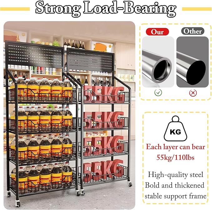 Retail Snack Display Stand, 4-Tier Retail Display Shelves, Candy Display Shelf Cart with Wheels & Hooks, Metal Snack Rack Organizer for Pantry, Kitchen, Supermarket, Store, Home