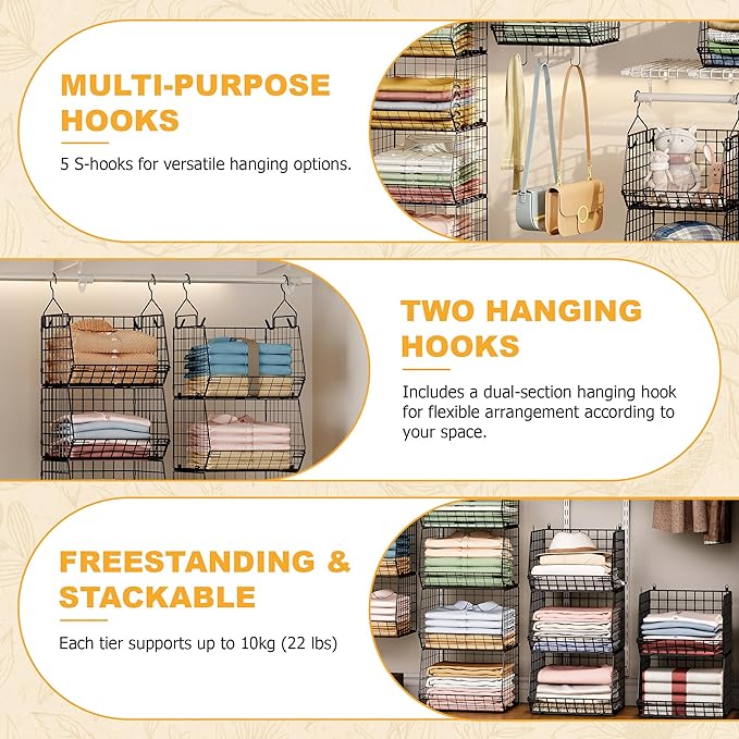 7 Tier Foldable Hanging Closet Organizer and Storage,Wire Closet Shelving with 5 S Hooks,Hanging Basket for Clothes Sweaters Shoes Handbags,Small Closet Organizers for Wardrobe Kitchen Laundry Room