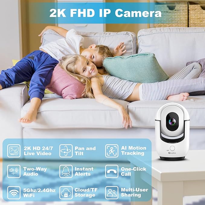 2K Indoor Camera, 5/2.4 GHz WiFi Pan/Tilt Security Camera with AI Motion Detection, One-Click Call for Baby Monitor, Wired Pet Camera with 2-Way Audio, 24/7, Siren Alarm, TF/Cloud Storage