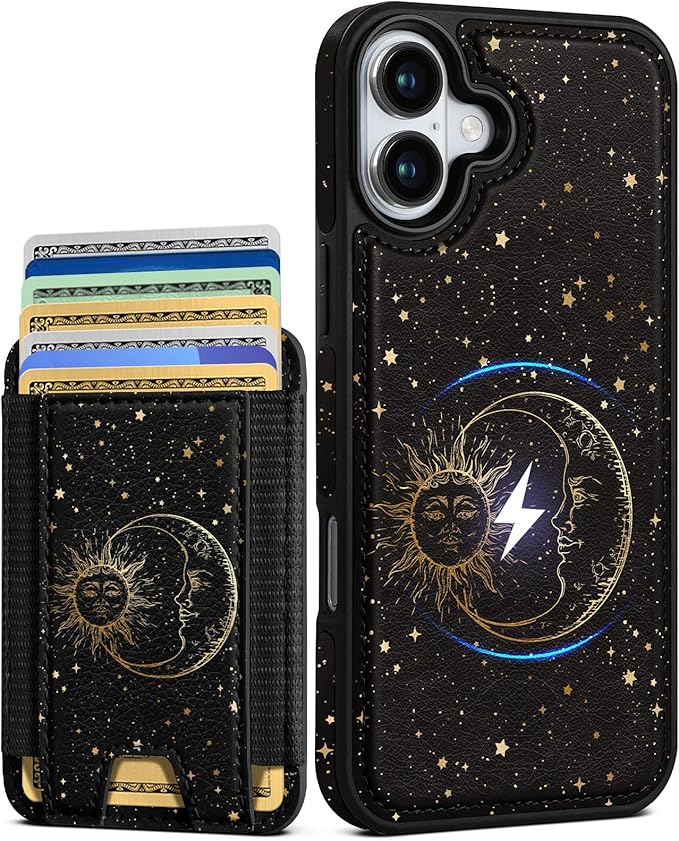 Shorogyt for iPhone 16 Wallet Case - Fits 5 Cards, Compatible with Magsafe Detachable Magnetic Credit Card Holder Leather Cardholder Cute Phone Cover Women Girls for Apple 16, Sun Moon