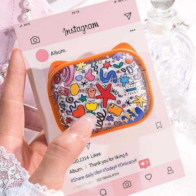 for AirPods Pro 2 Case with Cleaning Kit, Cute Cat Ear Print Design & Cute Buckle for Girls, Phone Holder & Top Safe Lock Buckle Design for AirPods Pro 2nd/1st Gen case, Orange Seaworld