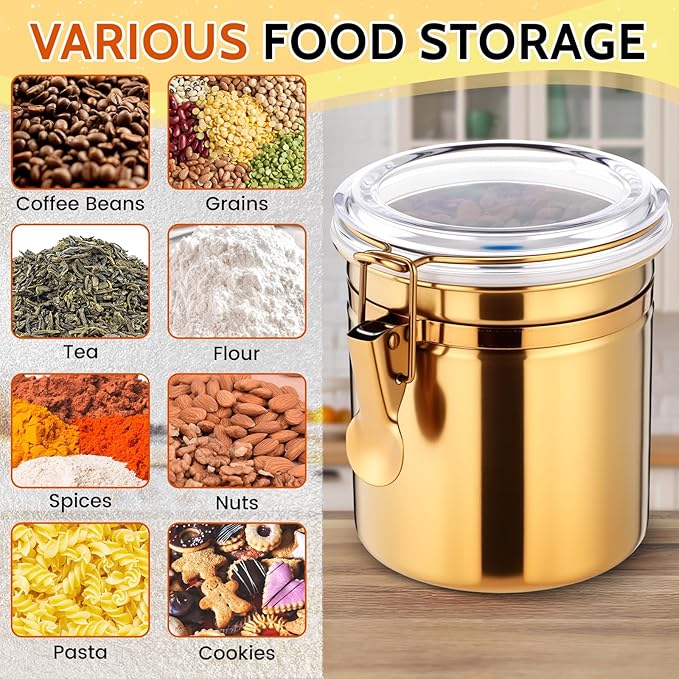 6 Pcs Stainless Steel Food Storage Containers Set Airtight Kitchen Canisters Coffee Jar with Clear Lid and Locking Clamp for Coffee Bean, Tea, Flour, Sugar, Cookie Storage(27 oz)