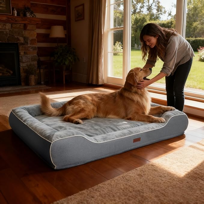 Extra Large Orthopedic Dog Bed with Cooling Gel Memory Foam,Waterproof XXL Dog Couch Bed with Removable Washable Cover,48 inch Pet Sofa with High Resilience Foam Sides for Old Pets,Grey