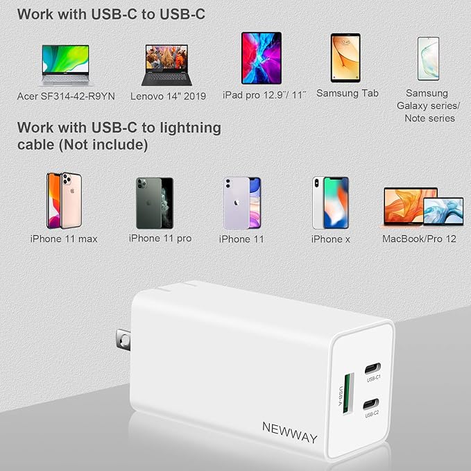 NewWay 65W USB-C Fast Charger 3 Port PD QC 3.0 Delivery Foldable, USB-C Wall Charger for MacBook, iPad, iPhone Series with 15 16 Plus/Pro/Pro Max, iPad10 and More