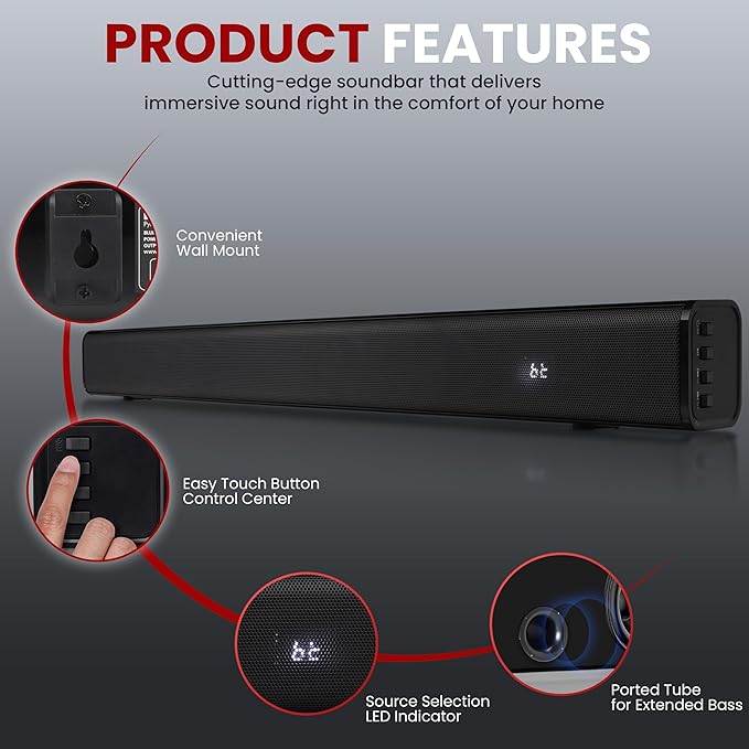 Pyle Wave Base Wireless BT Soundbar - Compact Tabletop Home Theater Sound System with AUX, Extended Bass, Full-Range Stereo, TV Stand Mount, LED Indicators, Easy Setup, 23' x 2' x 2” in