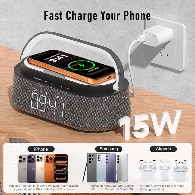 FREEFISH Bluetooth Speaker with Fast Wireless Charger,FM Radio,Touch LED Night Light,Phone Holder,Snooze,Portable Wireless Speaker for Bedrooms Office Home,Gifts (Black)