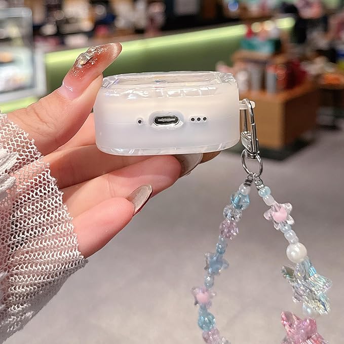 for AirPod 4 Case Cute Dream Shell Pearl Shockproof Protective Cover with Strap Keychain Compatible for AirPods 4th Generation for Women Girls (Colored Stars)