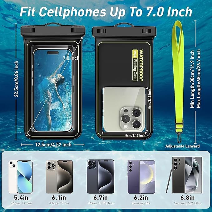 Floating Waterproof Pouch, with Adjustable Neck Lanyard, Marine IP68 Cellphone Dry Bag Compatible with 17/16/15/14/13 Pro Max/12/S24 Up to 7", 1 Pack-Black/Yellow,1 Pack