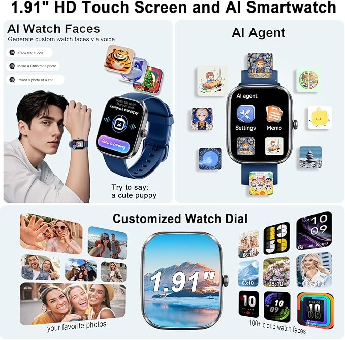 AI Smart Watch with ChatGPT, 1.91" Bluetooth Calling Smartwatch for Men Women, 110+ Fitness Modes Activity Tracker, Sleep/Heart Rate/Calorie Monitor, IP68 Waterproof Step Counter for Android iOS