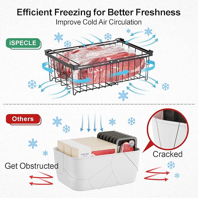iSPECLE Freezer Organizer Bins - Fit 10 to 20 Cu.FT Deep Freezer, 4 Pack Large Expandable Stackable Chest Freezer Organizer Bins Sort Frozen Food and Easily Get without Digging in the Freezer, Black