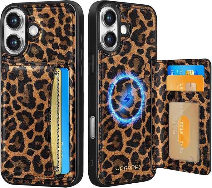 for iPhone 17 Case with Wallet - Fits 4 Card Slots, Compatible with MagSafe for Women Aesthetic Durable PU Leather Credit Card Holder Kickstand Phone Cover for Apple 17, Leopard Print