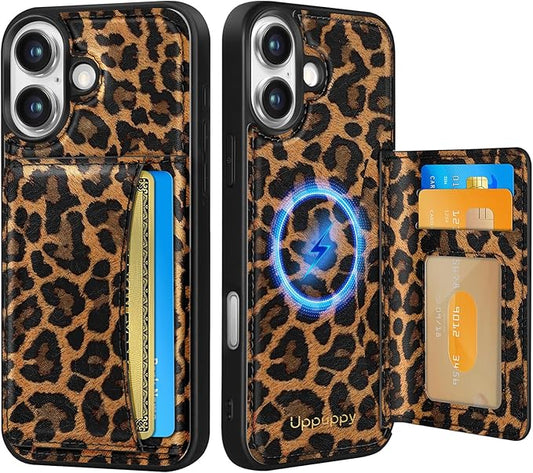 for iPhone 17 Case with Wallet - Fits 4 Card Slots, Compatible with MagSafe for Women Aesthetic Durable PU Leather Credit Card Holder Kickstand Phone Cover for Apple 17, Leopard Print