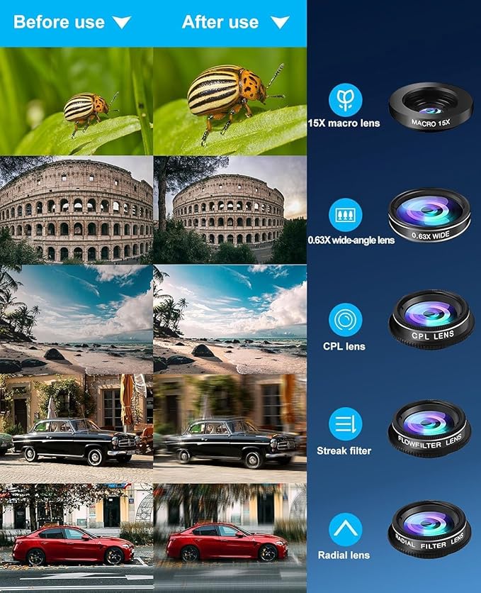 10 in 1 Phone Camera Lens Kit Compatible with iPhone & Samsung and Most of Smartphone - Wide/Macro/Telephoto/Fisheye + CPL/Star Filters, for iPhone & Android, HD Pouch Universal Phone Lens Clip