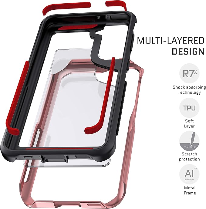 Ghostek ATOMIC slim Designed for Samsung Galaxy S21 Plus Case with Protective Aluminum Metal Bumper and Clear Back Design Heavy Duty Shock-Absorbent Protection for 2021 S 21+ 5G (6.7in) (Phantom Pink)
