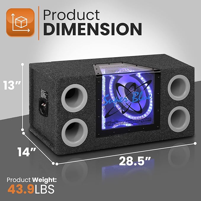 Pyramid 1000W Dual Bandpass Speaker System - Car Audio Subwoofer w/ Neon Accent Lighting, Plexi-Glass Front Window, 4 Tuned Ports, Silver Polypropylene Cone & Rubber Edge Suspension - Pyramid BNPS102