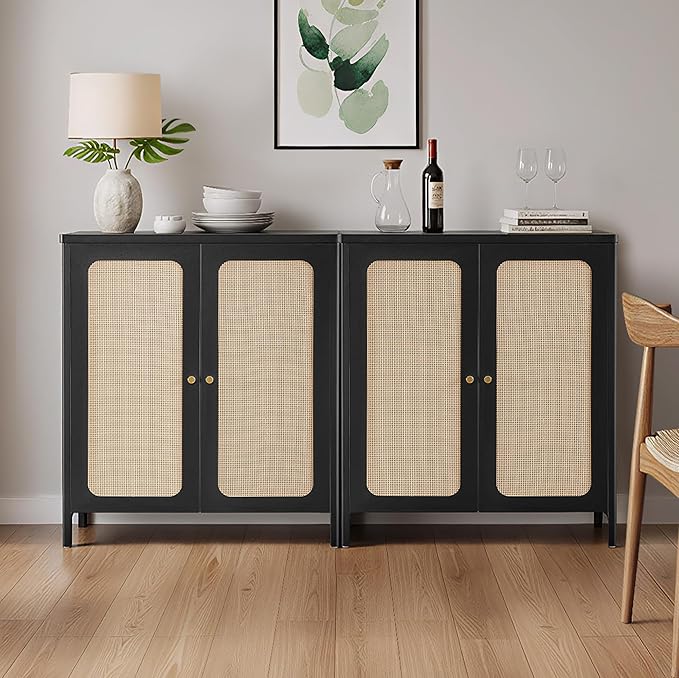 Rattan Sideboard Buffet Cabinet 2 Door Boho Kitchen Storage Cabinet Accent Console for Living Room, Hallway, Kitchen, Sideboard, Buffet Table Black