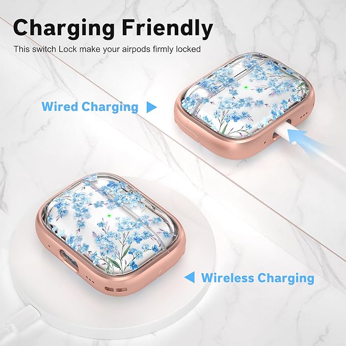 Maxjoy for AirPods Pro 2nd/1st Generation Case, Cute Flower AirPod Pro 2 Case with Safety Lock Hard iPod Pro Cover for Women Girly with Keychain for AirPod Pro Cover(2023/2022/2019), Blue