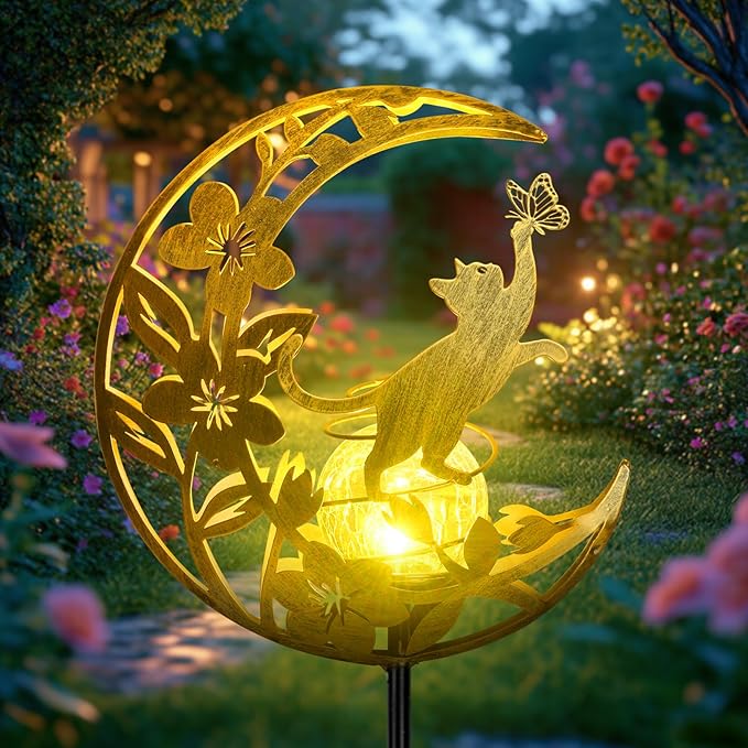 JOBOSI Solar-Powered Moon Cat Decorative Gift, Solar Moon Cat Ground Stake Light, Mother's Day Gift, Gifts for Women Mom Grandmother, Garden Lawn Decor Christmas & New Year Gift Cat