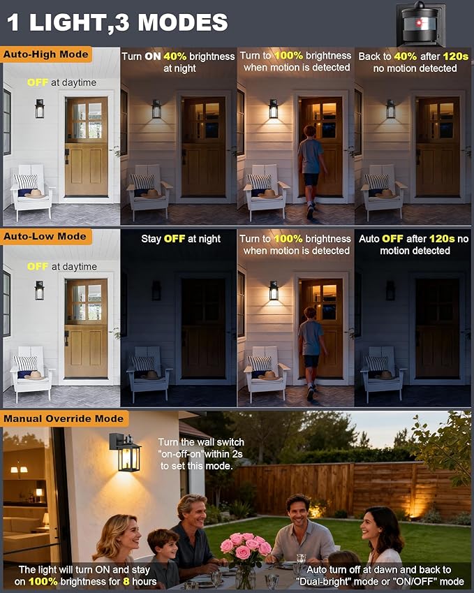 2-Pack Motion Sensor Outdoor Lights with GFCI Outlet Built-in, Exterior Porch Lights Wall Mount with 3 Modes, Anti-Rust Outside Lanterns for Home, Entry, Backyard, Patio, 120V