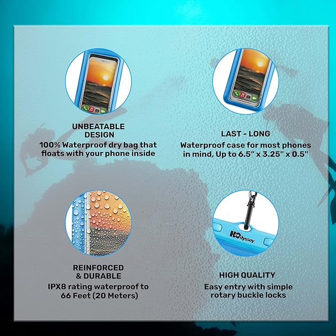 H2ODYSSEY Waterproof Phone Case and Lanyard - Excellent Waterproof Protection - Floats in The Water -Lanyard for Beach Kayak Travel - Universal Size - Blue