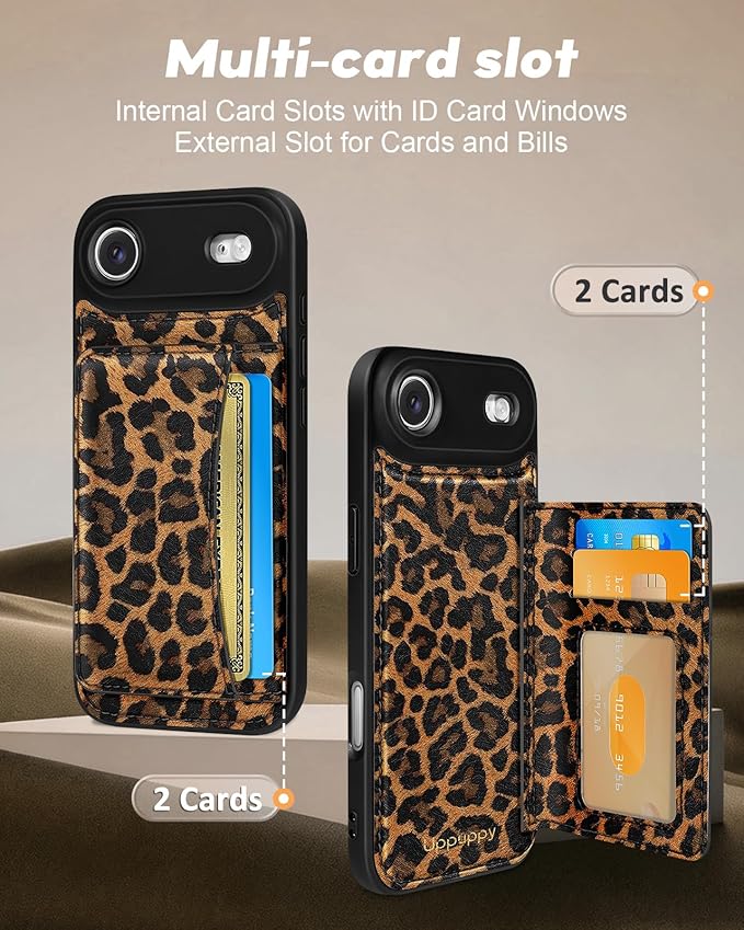 for iPhone 17 Air Case with Wallet - Fits 4 Card Slots, Compatible with MagSafe for Women Aesthetic Durable PU Leather Credit Card Holder Kickstand Phone Cover for Apple 17 Air, Leopard Print