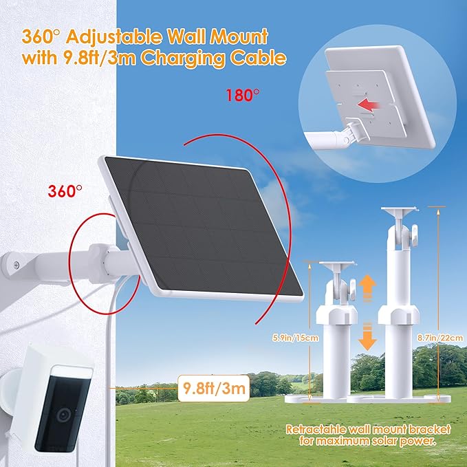 6W Solar Panel Compatible with WYZE Battery Cam Pro and Cam Outdoor V1/V2, Solar Charger for WYZE Cameras with 10ft USB-C Cable & Micro USB Adapter, 5.9in to 8.7in Adjustable Mount, IP65 Waterproof
