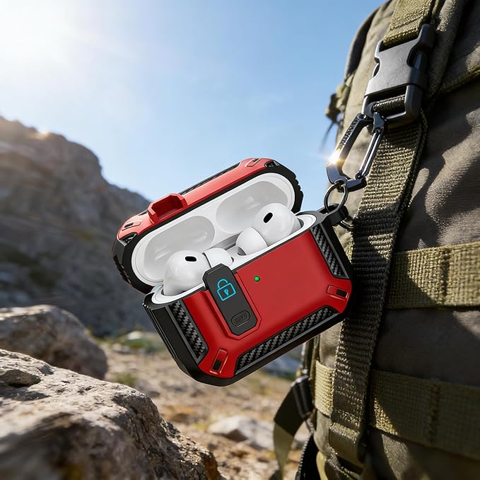 for AirPods 4 Case 2024 with Secure Lock Clip - Military-Grade Drop Protection AirPods 4th Generation Case, Carbon Fiber Shockproof Cover, Automatic Pop-up & Carabiner Hook,Black Red