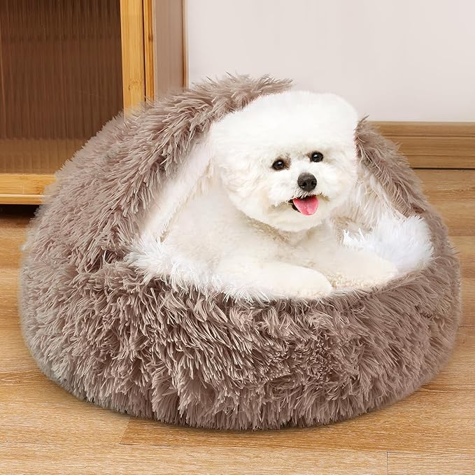 NOYAL Round Hooded Donut Dog Bed for Small & Medium Pets - Plush Fluffy Anti-Anxiety Cat Cave Bed with Cover