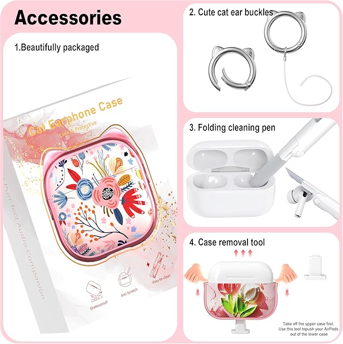 RFUNGUANGO AirPods Pro Case for Women Girly Cat Case with Lock, Phone Stand, Keychain & Cleaner Kit, Compatible with Apple Airpods Pro 2nd/1st Generation Case Cover, Pink Tulip