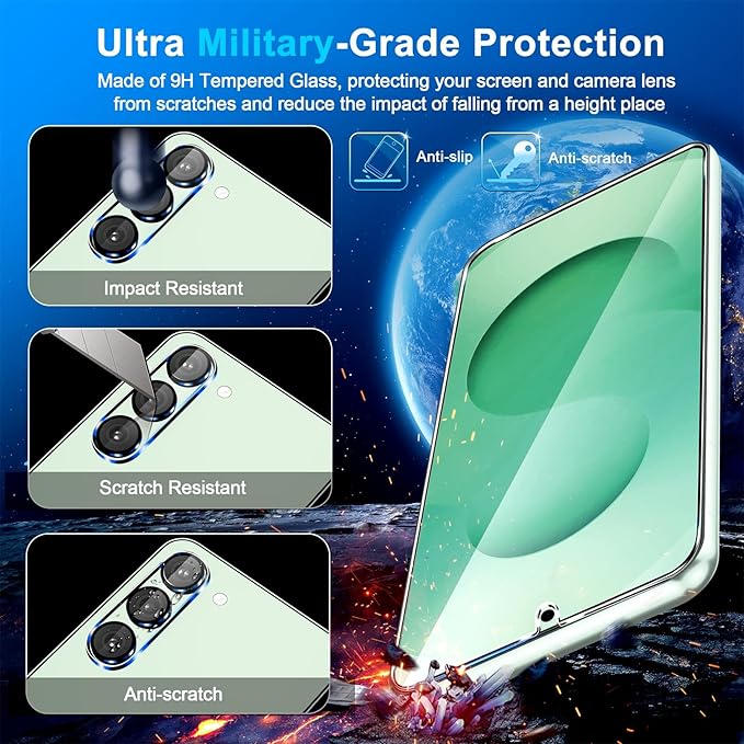 3 Pack for Samsung Galaxy S25 Plus Screen Protector Tempered Glass + 3 Pack Camera Lens Protector, Military Grade Shatterproof, 9H Hardness, Fingerprint Unlock, Case Friendly 6.7 Inch