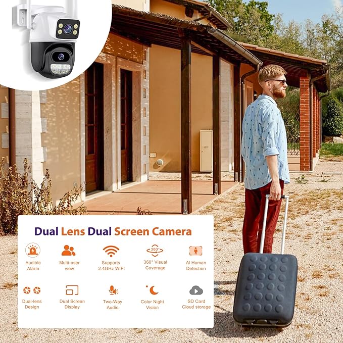Security Camera Outdoor 2.4G WiFi PTZ Outdoor Camera Dual Lens Home Security Cameras Linkage 360°View 4MP Plug-in Cable Two-Way Talk,AI Detection,Full-Color Night Vision,Auto Tracking,24/7 Recording