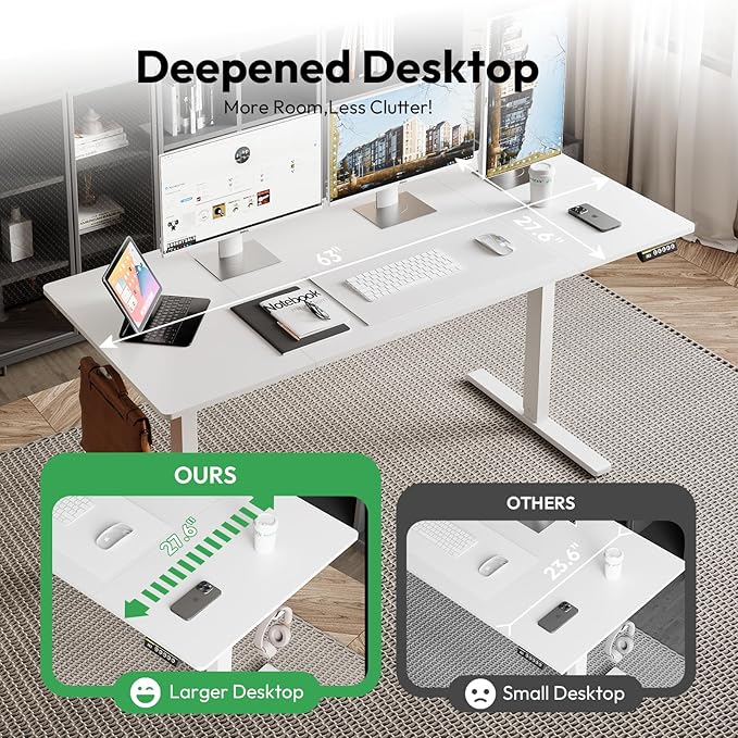 63x28 Large Electric Standing Desk Adjustable Height Stand Up with Lockable Wheels 27.6" Deep Ergonomic Sit Stand Desk for Home Office Work Computer Desk Workstation