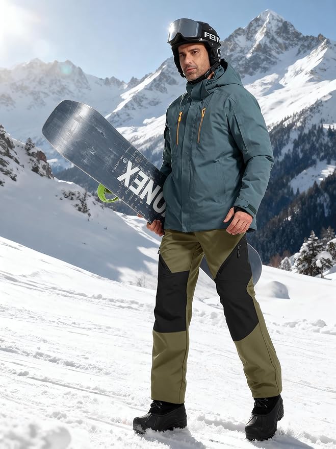 FREE SOLDIER Men's Fleece Lined Outdoor Cargo Hiking Pants Water Repellent Softshell Snow Ski Pants with Zipper Pockets