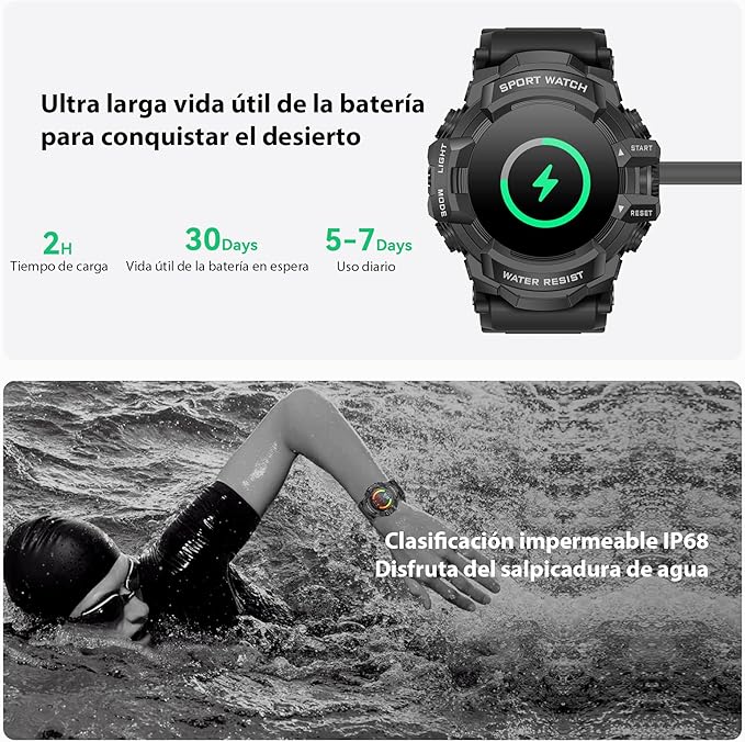 MIDDOW Military Smart Watch with Flashlight (Answer/Make Call) Compass, Pedometer/Heart Rate/Sleep/100+ Sports Modes, Fitness Tracker IP68 Waterproof, Long Battery Life Android & iOS (Black)
