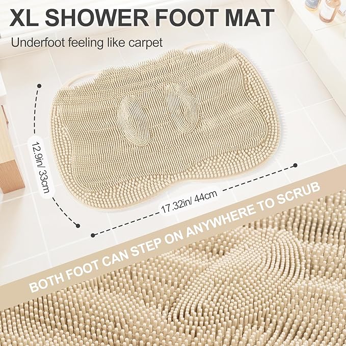 XL Shower Foot Scrubber Mat, Silicone Feet Massage Scrubber in Shower Clean Foot Toes Pad without Bending Non-slip Suction Cups Blood Circulation Exfoliate Smooth Achy Relief 17.4*13.4" Beige