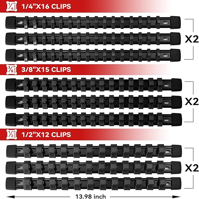 ALOANES 18PC ABS Socket Organizer, Socket Rails Fit 1/2 inch, 3/8 inch and 1/4 inch Drive, toHeavy Duty Socket Holders Hold up to 258 Sockets, Black Rails with Black Clips