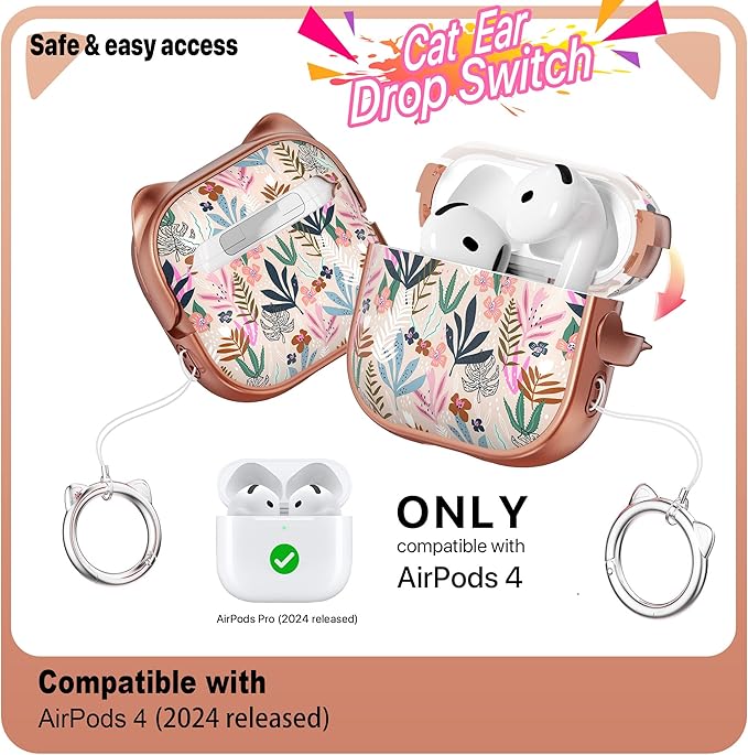 RFUNGUANGO AirPods 4 Case for Women Girly Cat Case with Lock, Phone Stand, Keychain & Cleaner Kit, Compatible with Apple Airpods 4th Generation Case Cover, Rose Gold Leaf