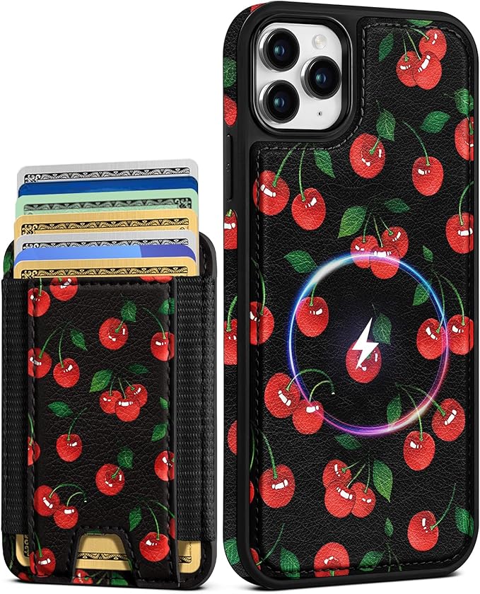 Shorogyt for iPhone 11 Pro Case Wallet - Fits 5 Cards, Compatible with Magsafe Detachable Magnetic Credit Card Holder Leather Cardholder Cute Phone Cover Women Girls for Apple 11Pro, Cherry
