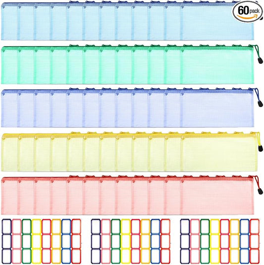 60 Pcs Mesh Zipper Pouch with 72 Labels, Plastic Clear Storage Bags Organizer Set for Travel, Jewelry, Crafts, Office Supplies - 5 Colors, 7.1x4.7 Inch