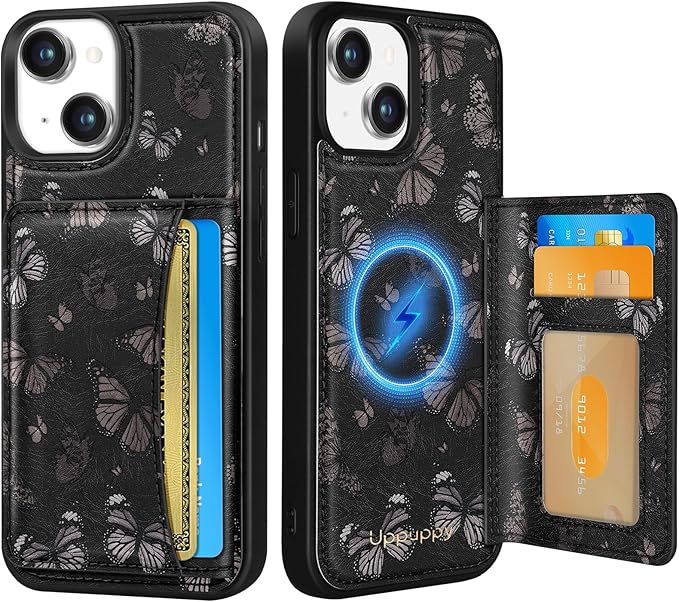 for iPhone 15 Case with Wallet - Fits 4 Card Slots, Compatible with MagSafe for Women Aesthetic Durable PU Leather Credit Card Holder Kickstand Phone Cover for Apple 15, Black Butterfly